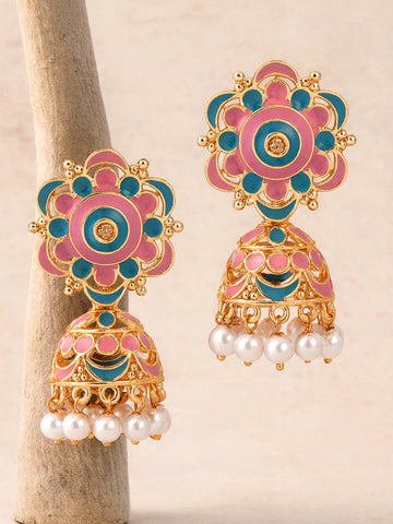 Karatcart Rose Gold Plated Floral Design Blue and Pink Meena Jhumki Earrings for Women