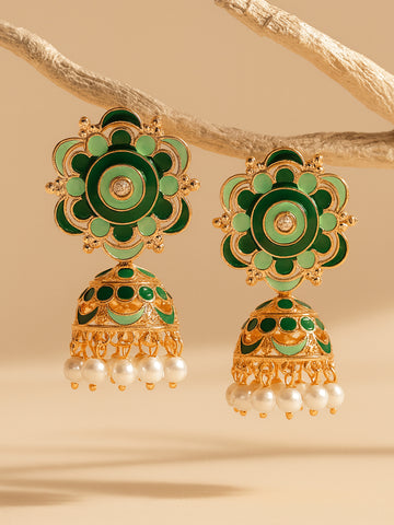 Karatcart Rose Gold Plated Floral Design Green and Lime Green Meena Jhumki Earrings for Women