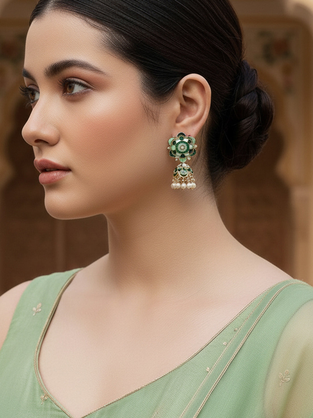 Karatcart Rose Gold Plated Floral Design Green and Lime Green Meena Jhumki Earrings for Women