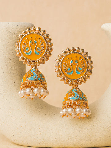 Karatcart Rose Gold Plated Peacock Design Yellow and Blue Meena Jhumki Earrings for Women