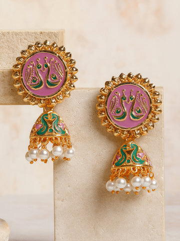Karatcart Rose Gold Plated Peacock Design Pink and Blue Meena Jhumki Earrings for Women
