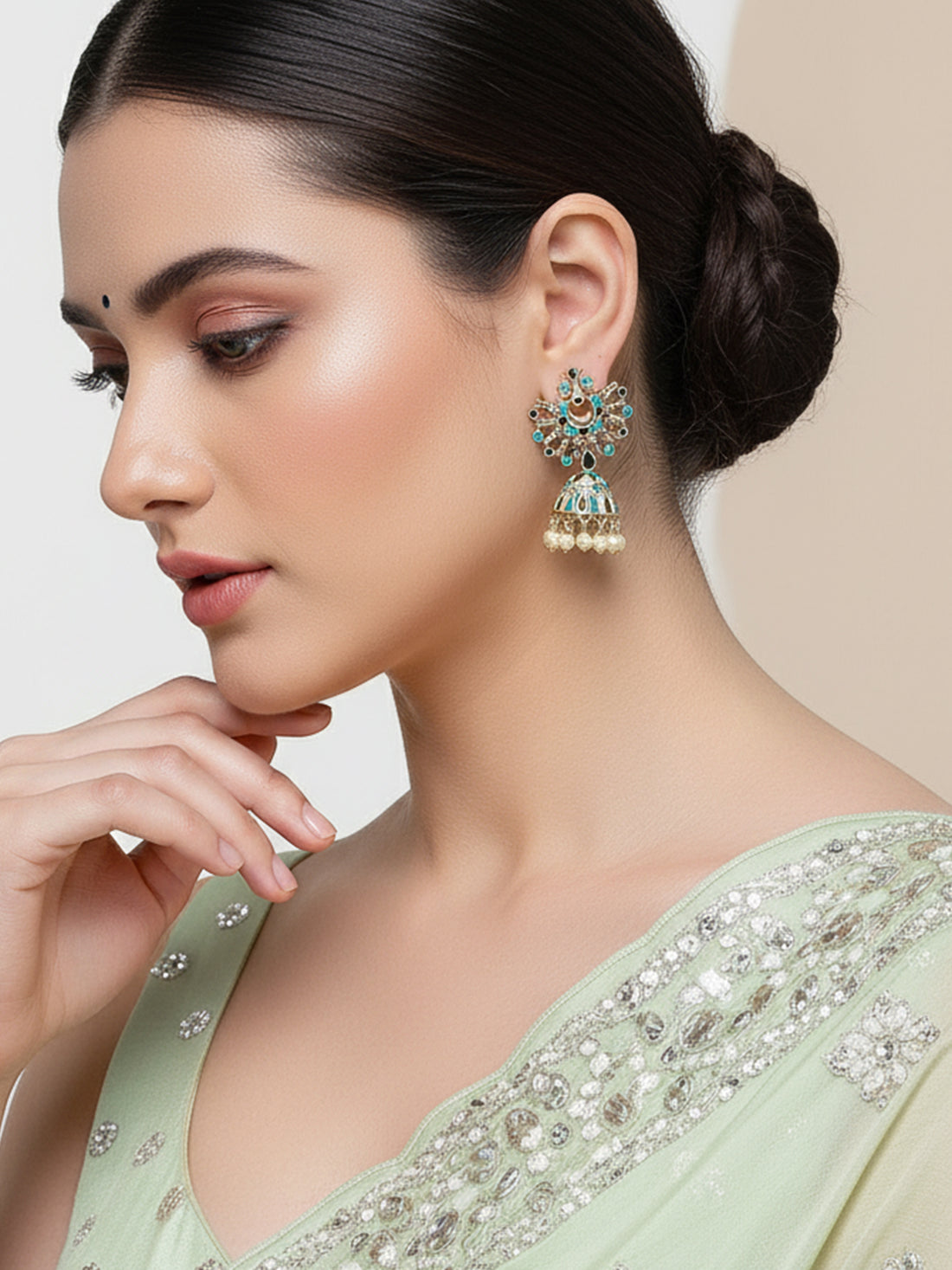 Karatcart Gold Plated Light Blue and Navy Blue Meena Jhumki Earrings for Women