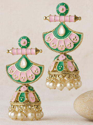 Karatcart Gold Plated Pink and Blue Meena Jhumki Earrings for Women
