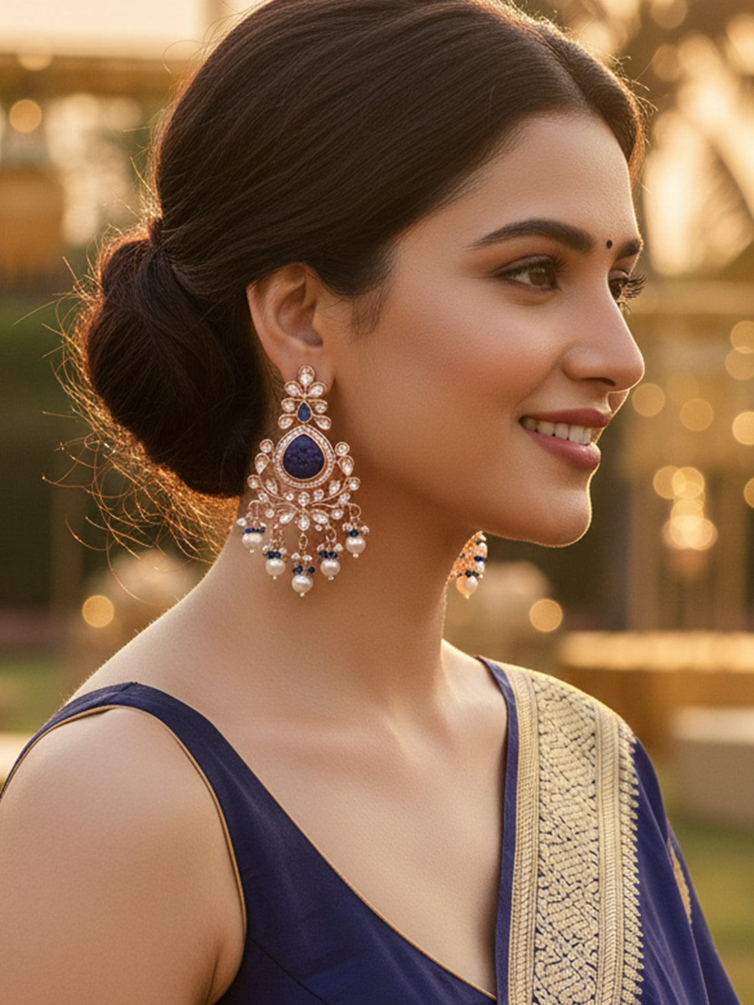 Karatcart Rose Gold Plated Blue Carved Stone Kundan Drop Earrings for Women