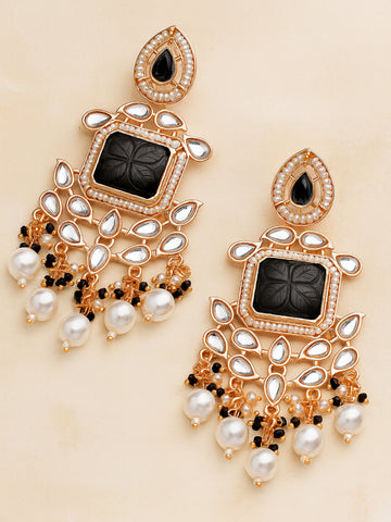 Karatcart Rose Gold Plated Black Carved Stone Kundan Drop Earrings for Women