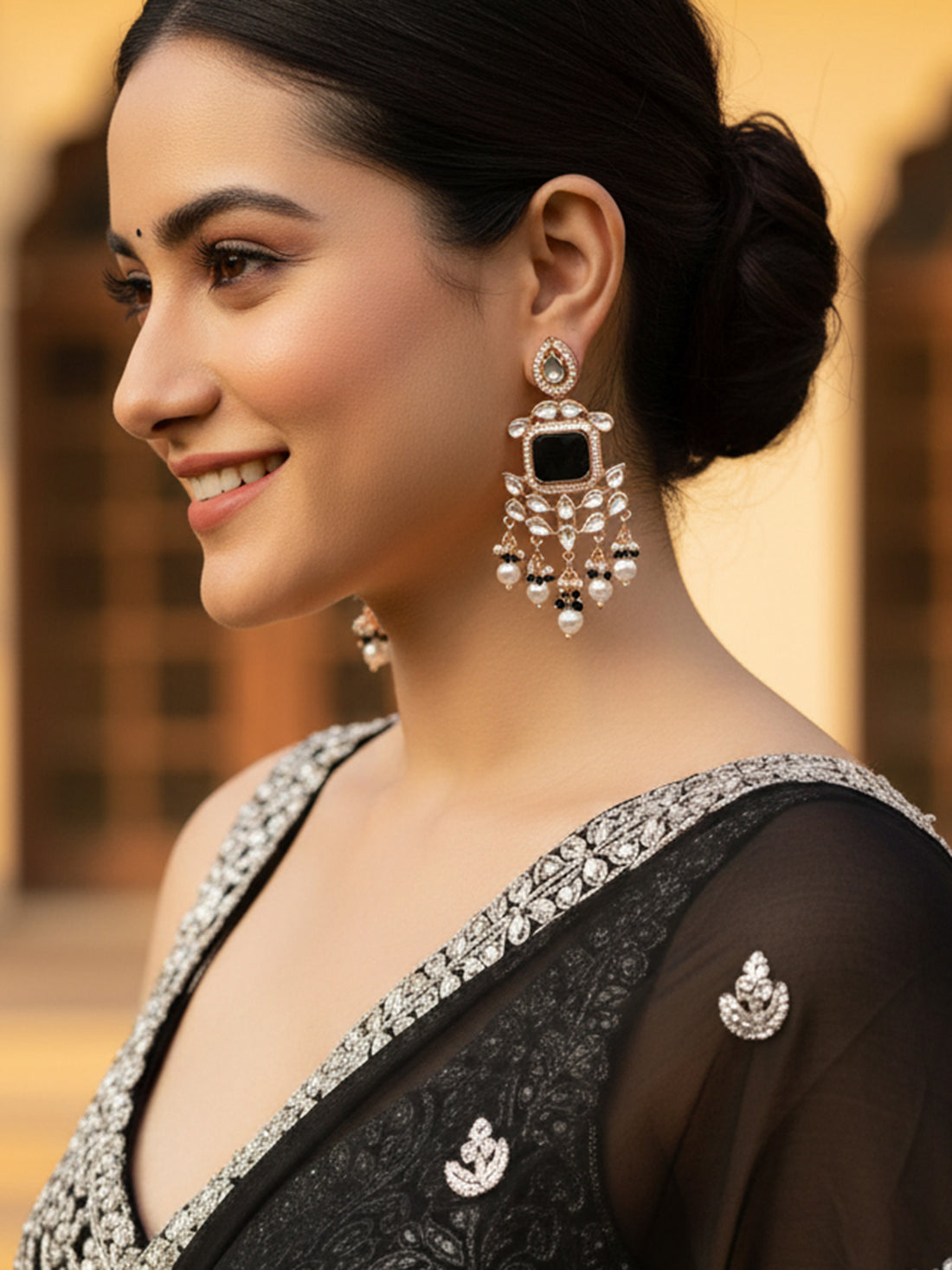 Karatcart Rose Gold Plated Black Carved Stone Kundan Drop Earrings for Women
