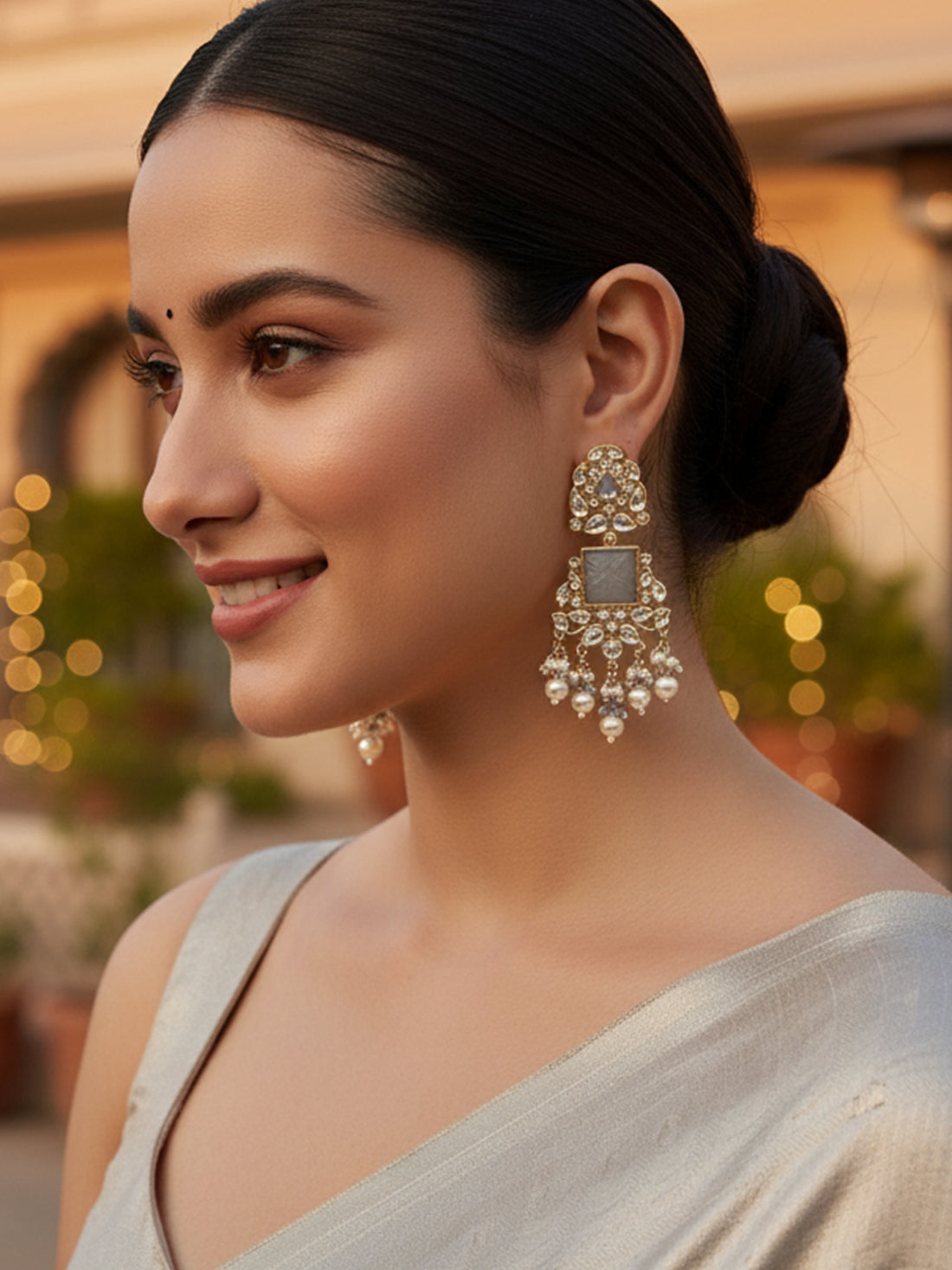 Karatcart Gold Plated Grey Carved Stone Kundan Drop Earrings for Women