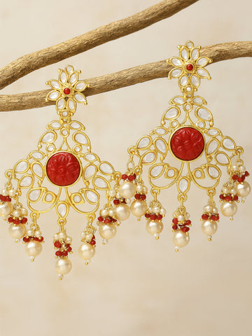 Karatcart Gold Plated Red Carved Stone Kundan Dangler Earrings for Women