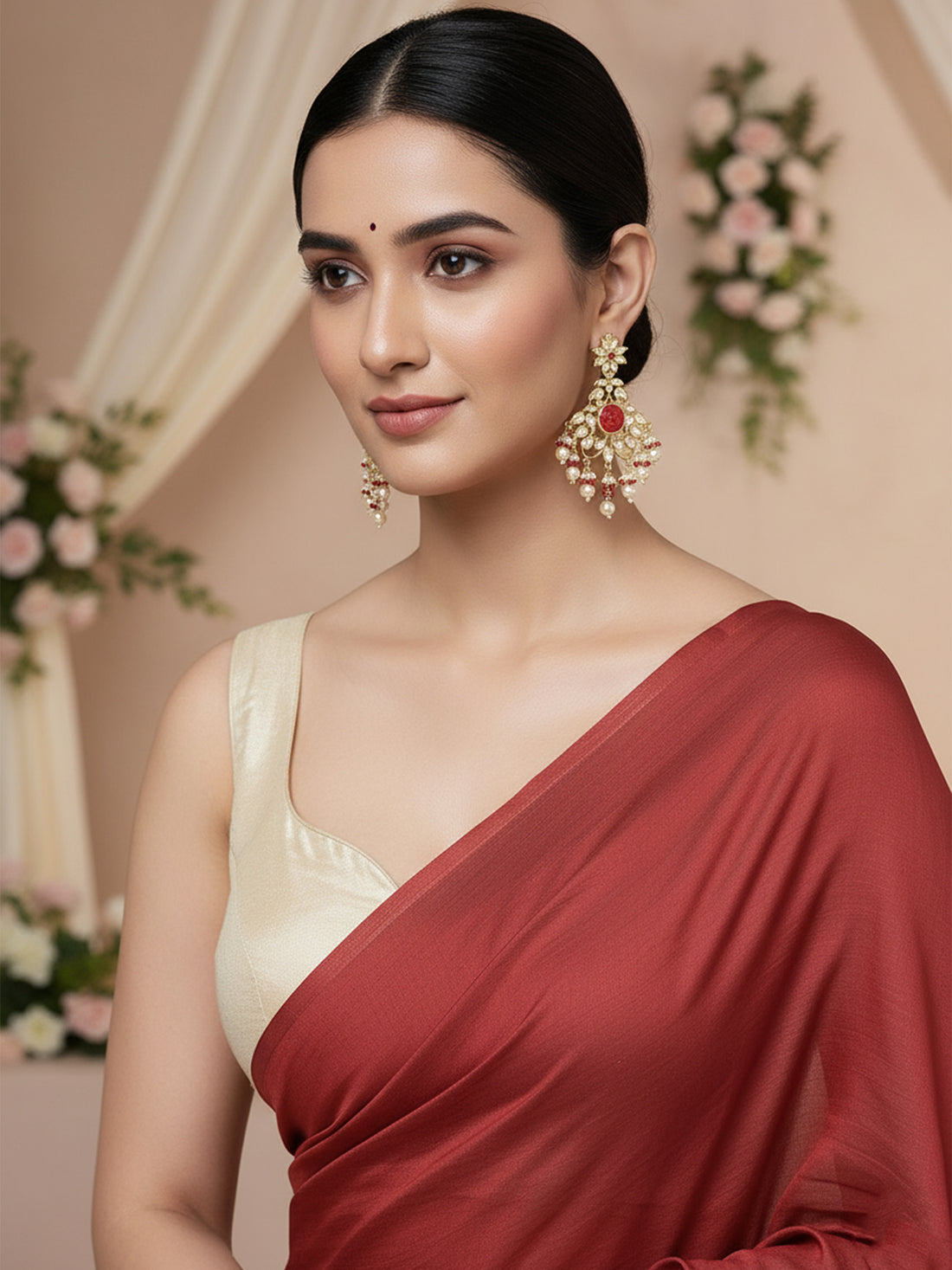 Karatcart Gold Plated Red Carved Stone Kundan Dangler Earrings for Women