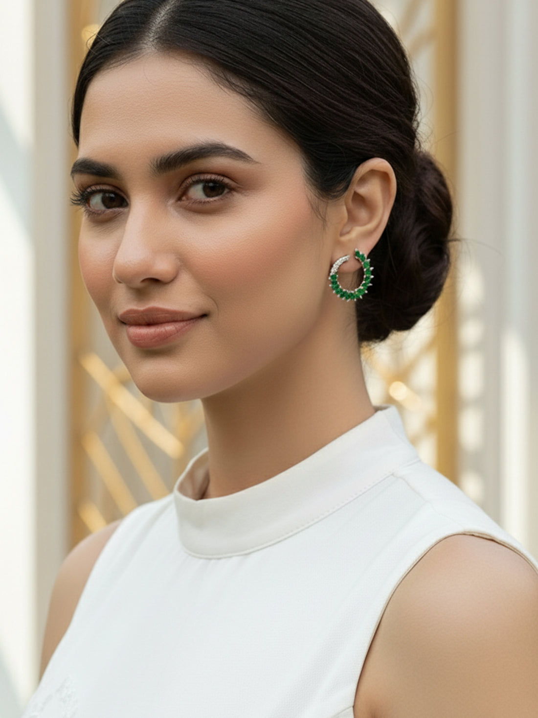 Karatcart Silver Plated Green Cubic Zirconia Leaf Design Hoop Earrings for Women