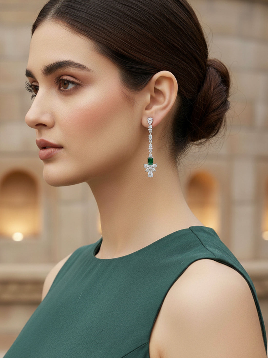 Karatcart Silver Plated Green Drop Cubic Zirconia Earrings for Women