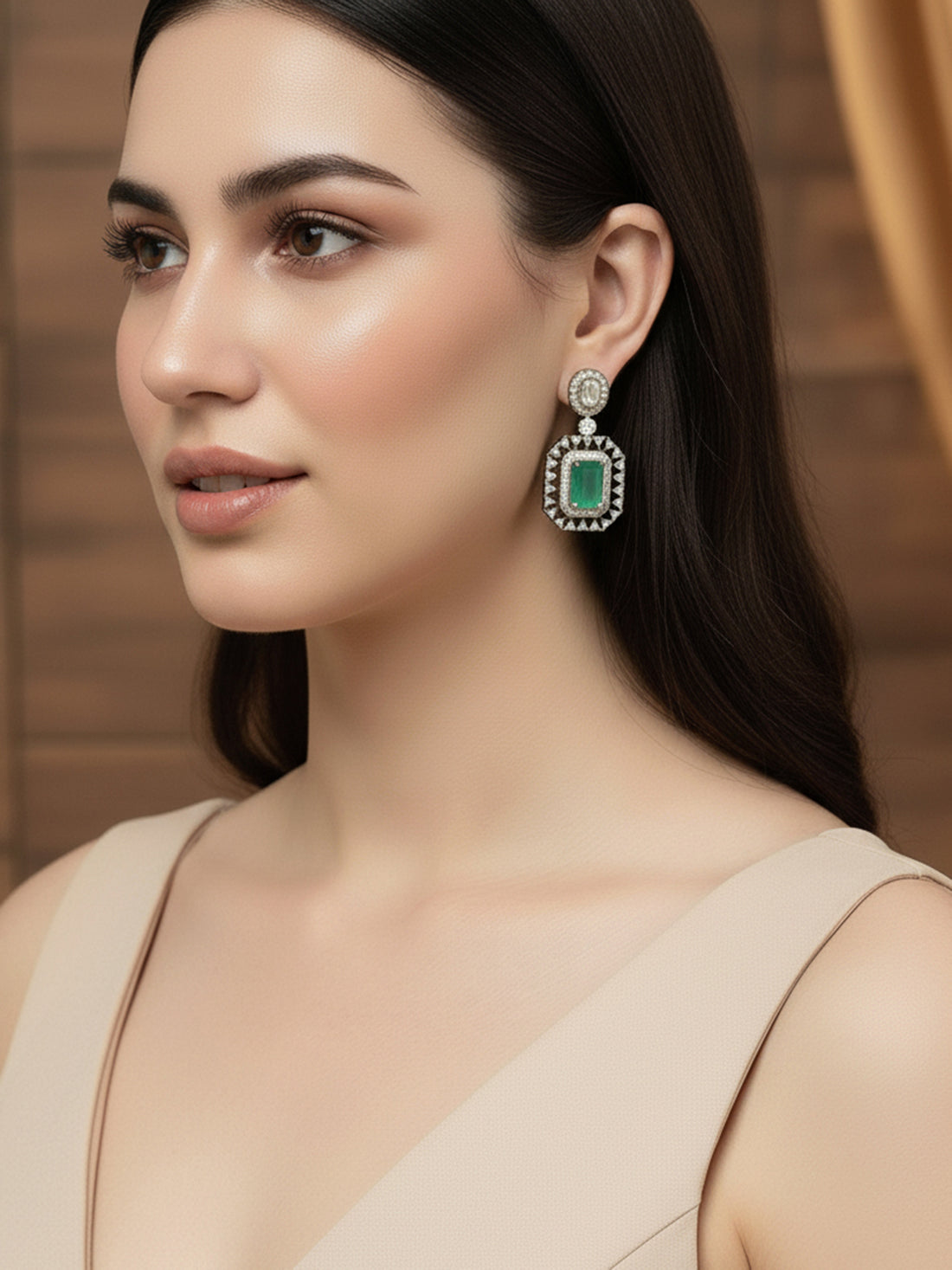 Karatcart Black Silver Plated Lime Green Cubic Zirconia Studded Drop Earrings for Women