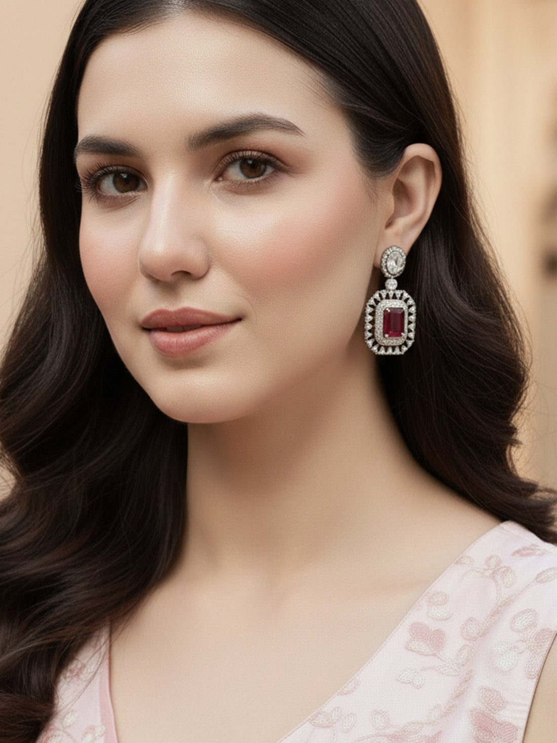 Karatcart Black Silver Plated Red Cubic Zirconia Studded Drop Earrings for Women