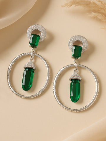 Karatcart Silver Plated Green Cubic Zirconia Studded Dangler Hoop Earrings for Women