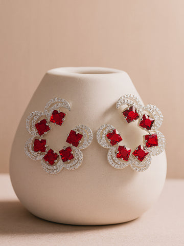 Karatcart Silver Plated Moon Design Red Cubic Zirconia Stud Earrings for Women