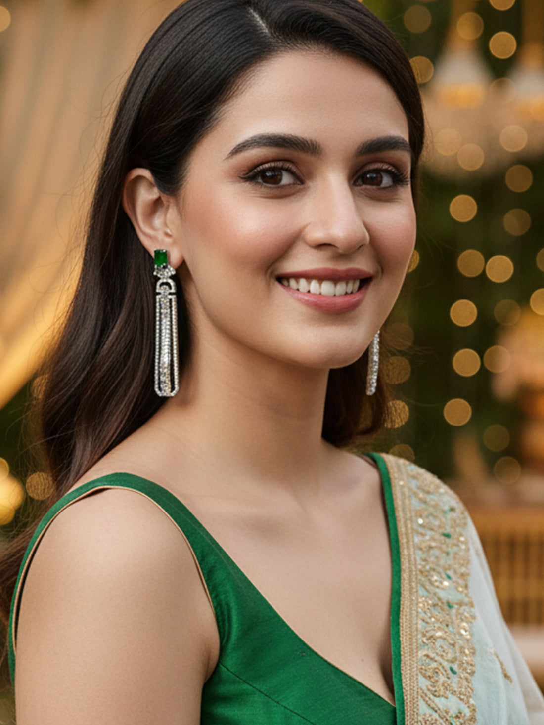 Karatcart Green Cubic Zirconia Studded Silver Plated Long Drop Earrings for Women