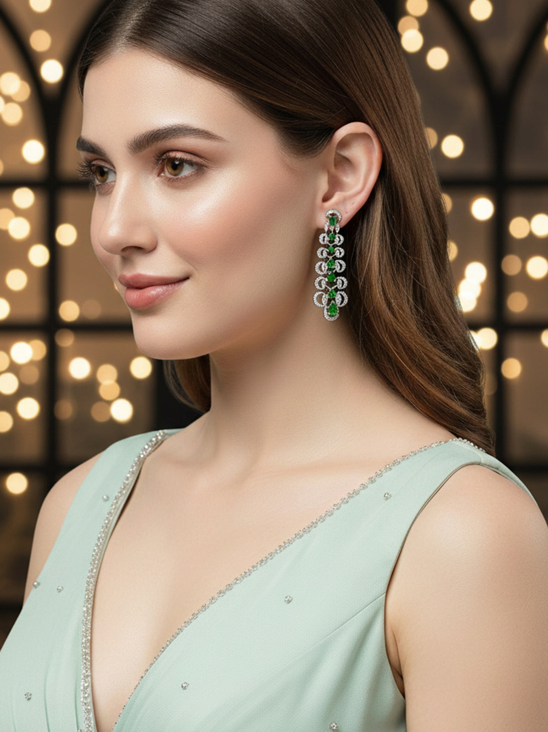 Karatcart Silver Plated Green Cubic Zirconia Studded Leaf Design Drop Earrings for Women