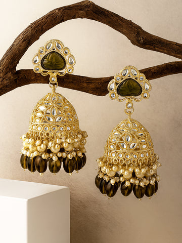 Karatcart Gold Plated Olive Green Stone Studded Kundan Jhumki Earrings for Women
