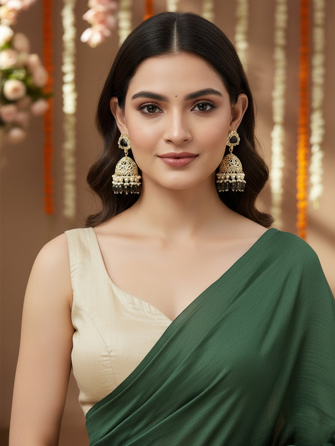 Karatcart Gold Plated Olive Green Stone Studded Kundan Jhumki Earrings for Women