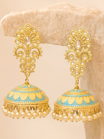 Karatcart Gold Plated Light Blue Meena Kundan Flat Jhumki Earrings for Women