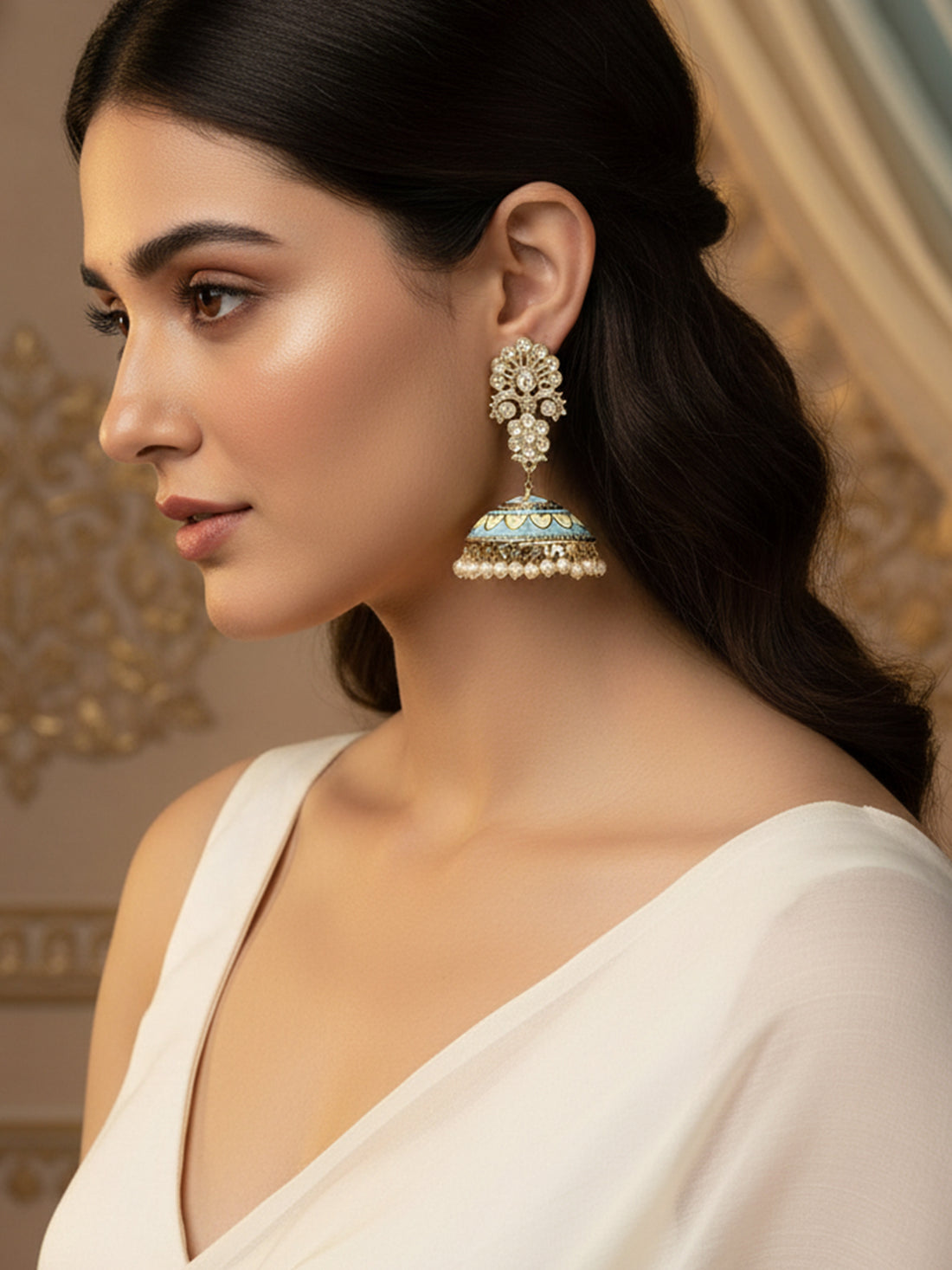 Karatcart Gold Plated Light Blue Meena Kundan Flat Jhumki Earrings for Women