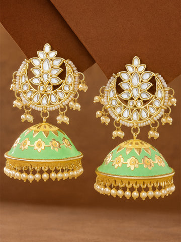 Karatcart Gold Plated Lime Green Meena Handcrafted Kundan Jhumki Earrings for Women