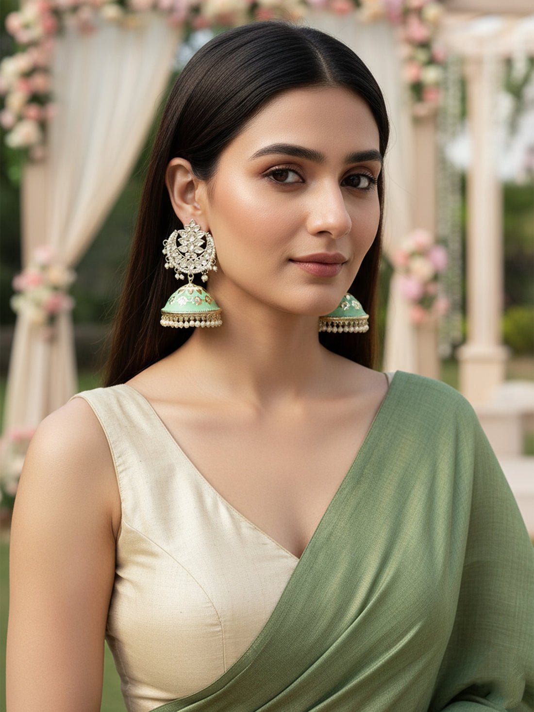 Karatcart Gold Plated Lime Green Meena Handcrafted Kundan Jhumki Earrings for Women