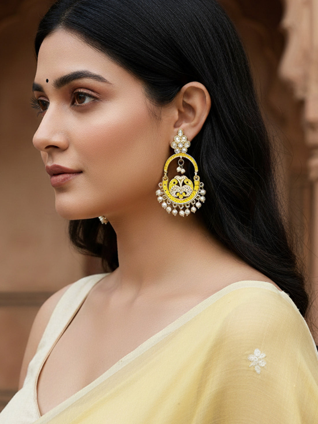 Karatcart Gold Plated Yellow Meena Dangler Earrings for Women