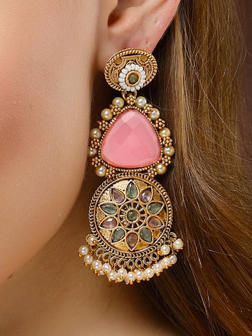 Karatcart Gold Plated Pink Carved Stone Floral Design Drop Earrings for Women