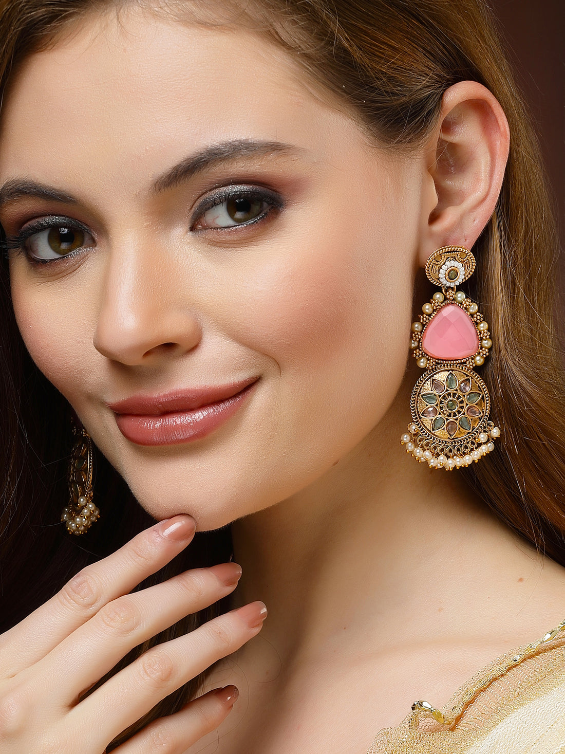 Karatcart Gold Plated Pink Carved Stone Floral Design Drop Earrings for Women