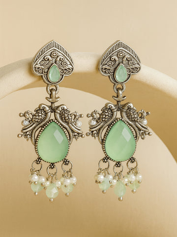 Karatcart Oxidised Silver Light Green Carved Stone Drop Earrings for Women