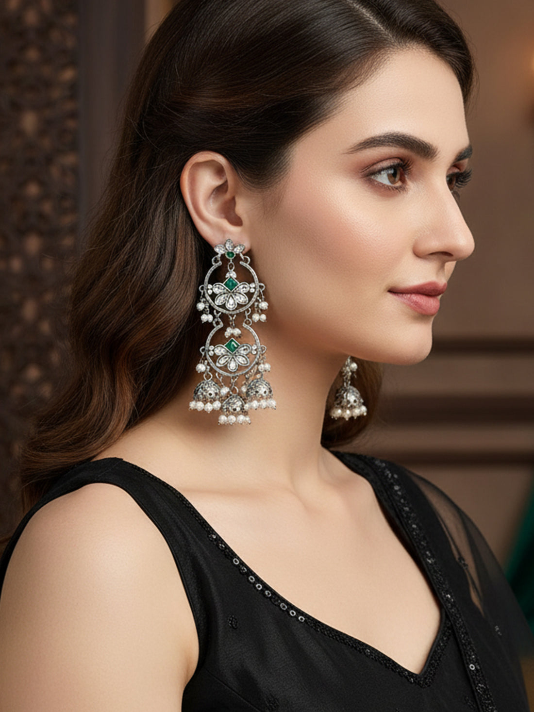 Karatcart Oxidised Silver Floral Design Green Kundan Drop Earrings for Women