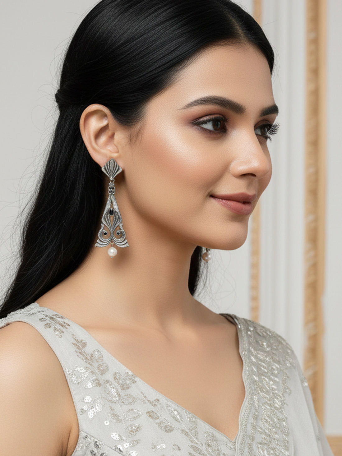 Karatcart Oxidised Silver Floral Design Black Stone Drop Earrings for Women