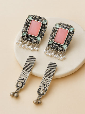Karatcart Set of 2 Oxidised Silver Pink Stone Studded Stud Earrings for Women