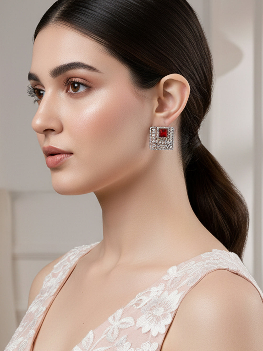 Karatcart Black Silver Plated Red Stones AD Stud Earrings for Women