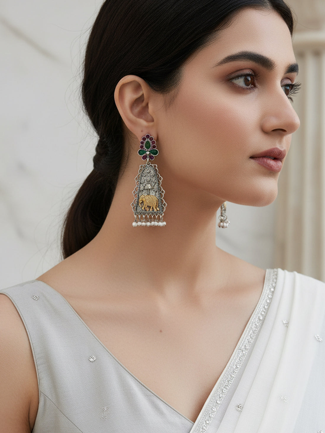 Karatcart Oxidised Silver Elephant Design Drop Earrings for Women