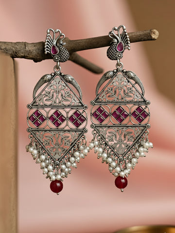Karatcart Oxidised Silver Red Stone Peacock Kundan Dangler Earrings for Women