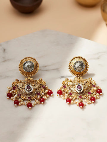 Karatcart Traditional Gold Plated Red Beads Peacock Design Kundan Dangler Earrings for Women