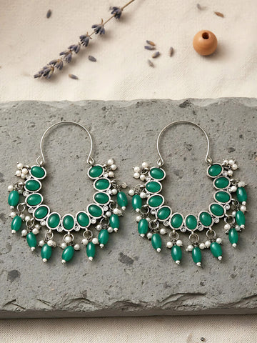 Karatcart Oxidised Silver Green Stone Kundan Hoop Earrings for Women