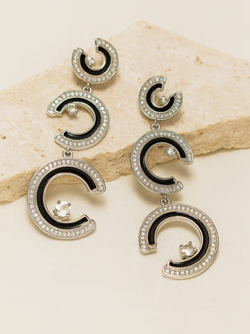 Karatcart Bold Black Enamel Silver Plated Crescent American Diamond Dangle Earrings