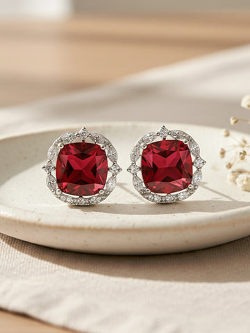 Karatcart Silver Tone Red American Diamond Stud Earrings for Women