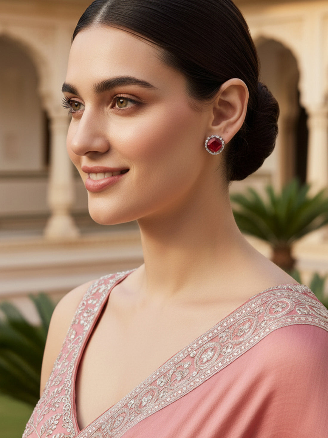 Karatcart Silver Tone Red American Diamond Stud Earrings for Women