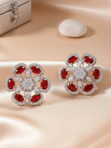 Karatcart Elegant Floral Design Red American Diamond Stud Earrings for Women