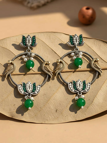 Karatcart Oxidised Silver Green Lotus Tribal Drop Earrings for Women