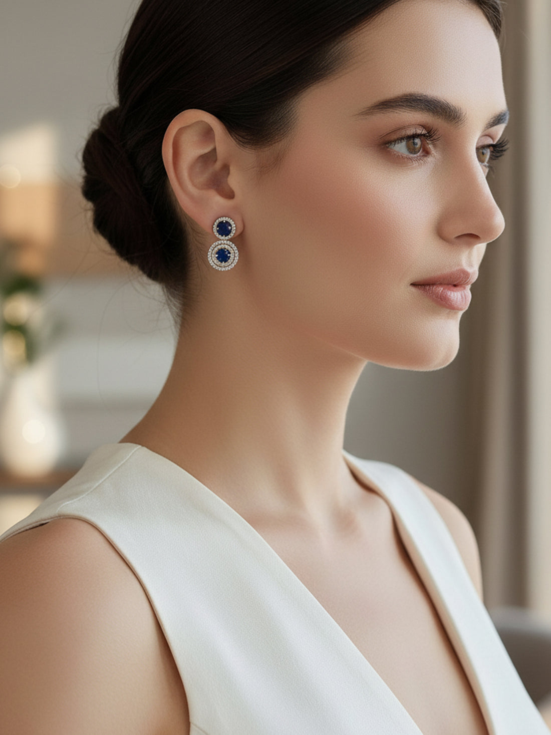 Karatcart Elegant Silver-Tone Round Blue American Diamond Drop Earrings for Women
