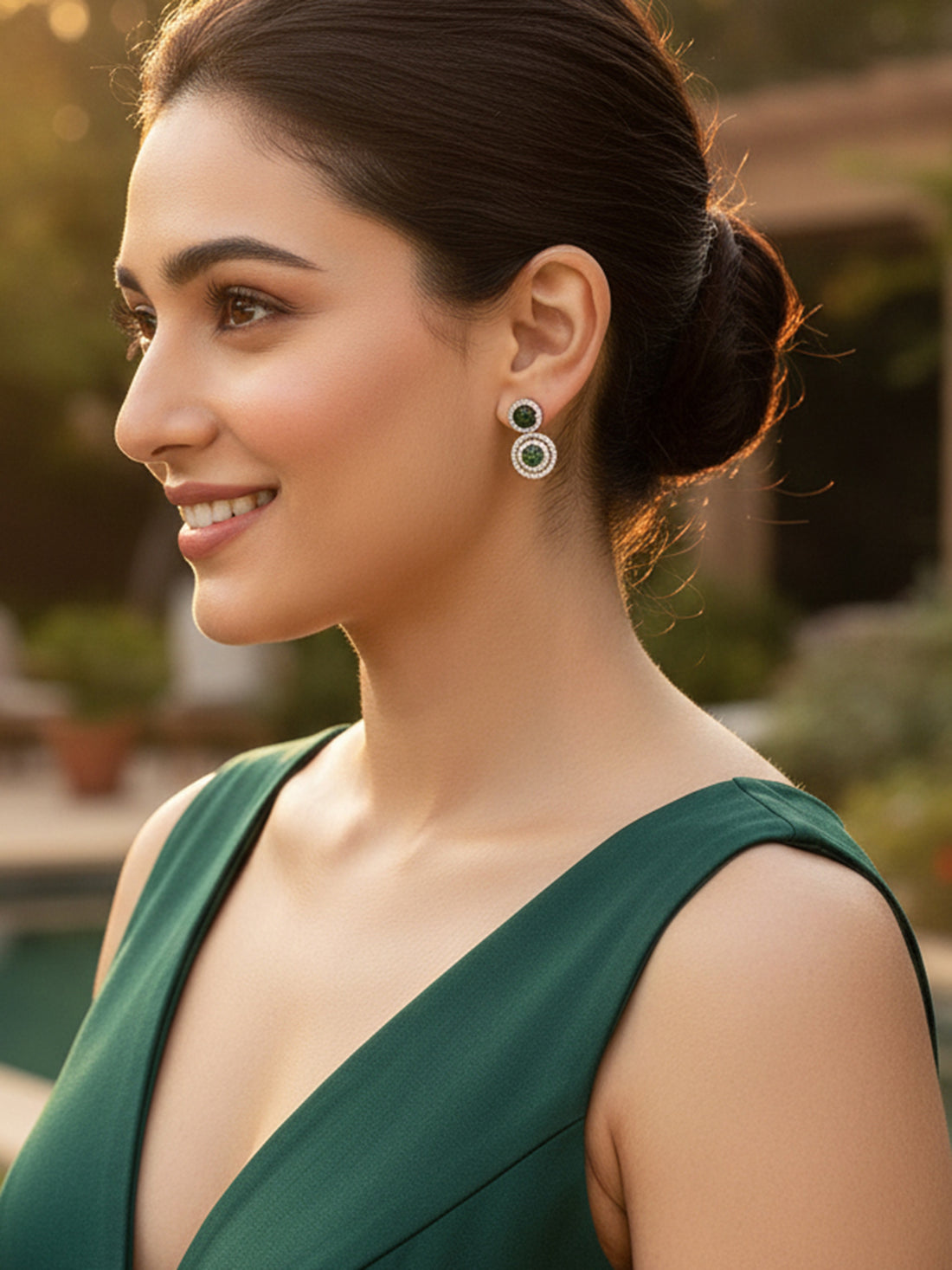 Karatcart Elegant Silver-Tone Round Green American Diamond Drop Earrings for Women
