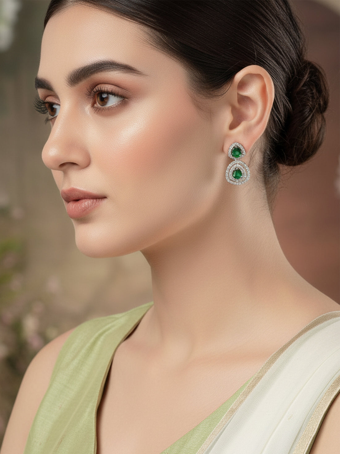 Karatcart Elegant Silver-Tone Teardrop Green American Diamond Drop Earrings for Women