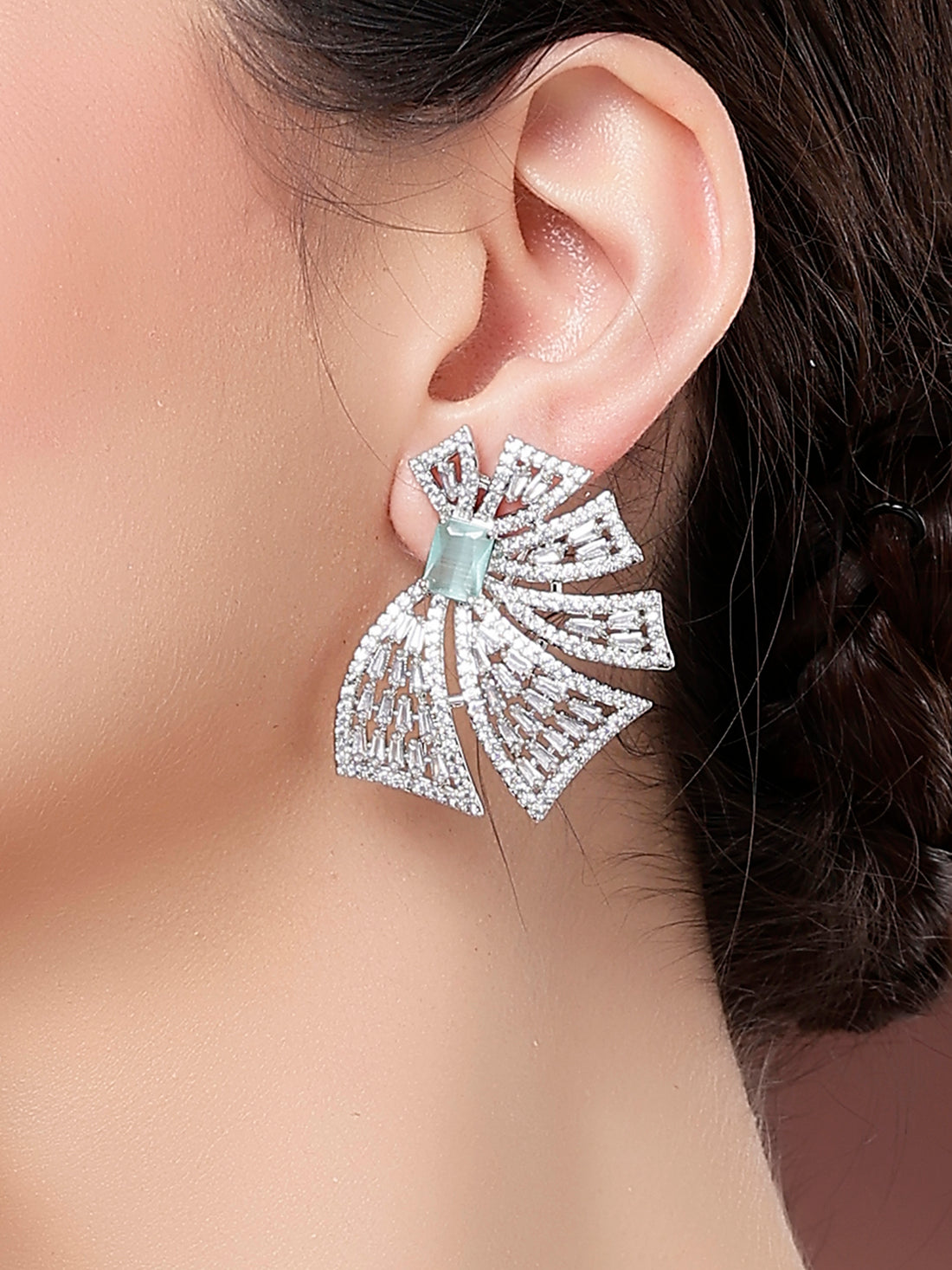 Karatcart Designer Lime Green American Diamond Floral Stud Earrings for Women