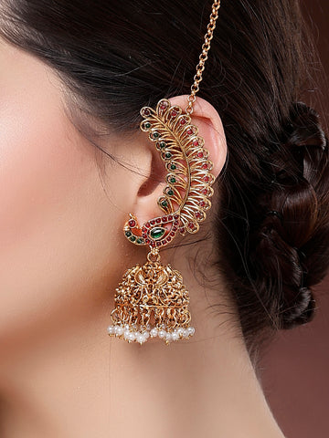 Karatcart Gold Plated Red and Green Peacock Shape Kaanchain Jhumki Earrings for Women