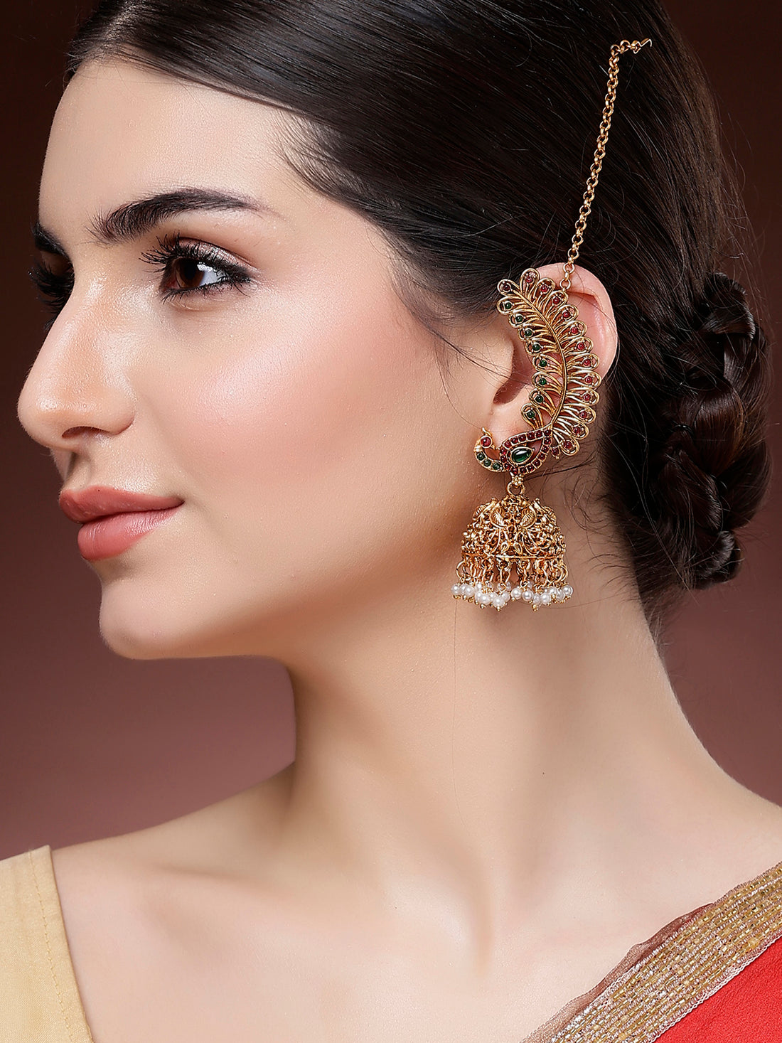 Karatcart Gold Plated Red and Green Peacock Shape Kaanchain Jhumki Earrings for Women